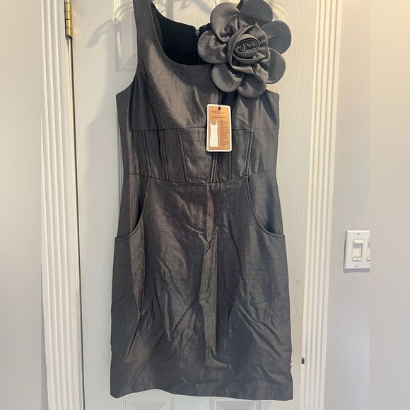 NWT Nue by Shani sleeves midi dress with flower appliqué and pockets size 10 - Picture 4 of 15